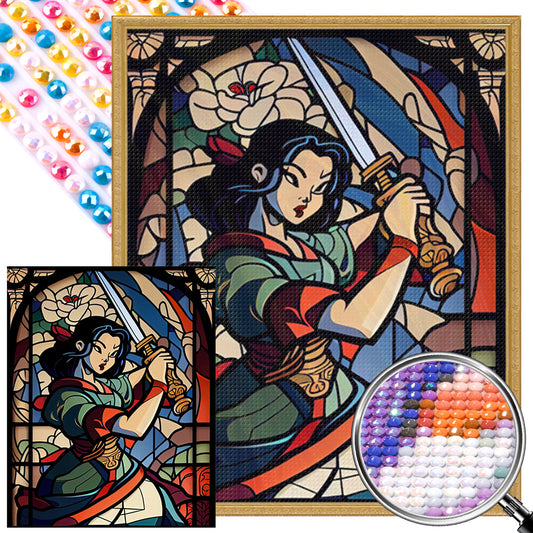 Glass Painting Of Girl With Sword - Full AB Round Drill Diamond Painting 40*50CM