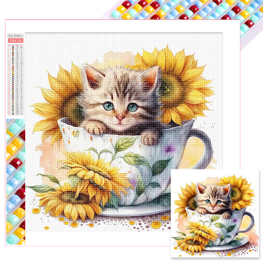 Sunflower Teacup Cat - Full Square Drill Diamond Painting 40*30CM