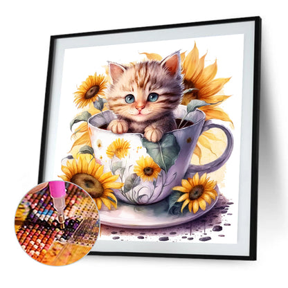 Sunflower Teacup Cat - Full Square Drill Diamond Painting 30*30CM