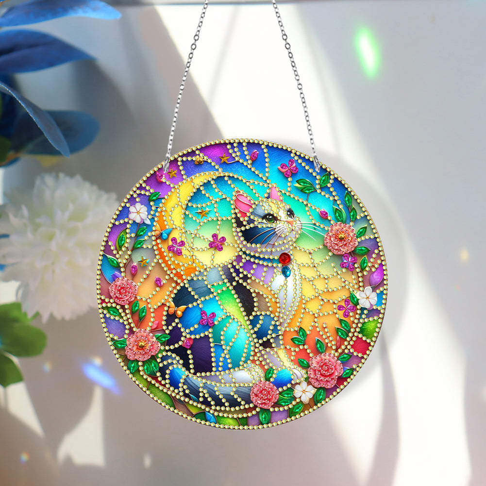 Sun Catcher 5D DIY Diamond Painting Dots Pendant for Office Decor (Flower Cat)