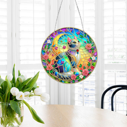 Sun Catcher 5D DIY Diamond Painting Dots Pendant for Office Decor (Flower Cat)