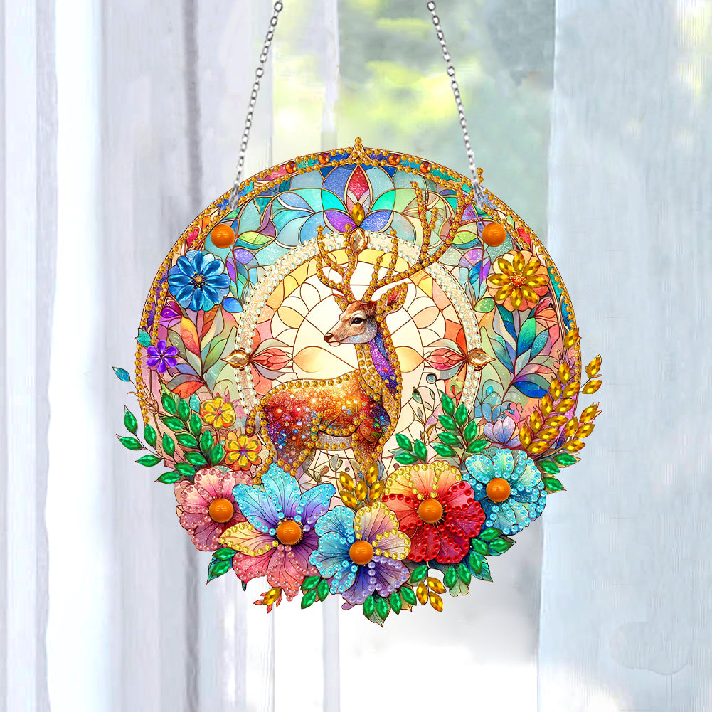 Sun Catcher 5D DIY Diamond Painting Dots Pendant for Office Decor (Flower Moose)