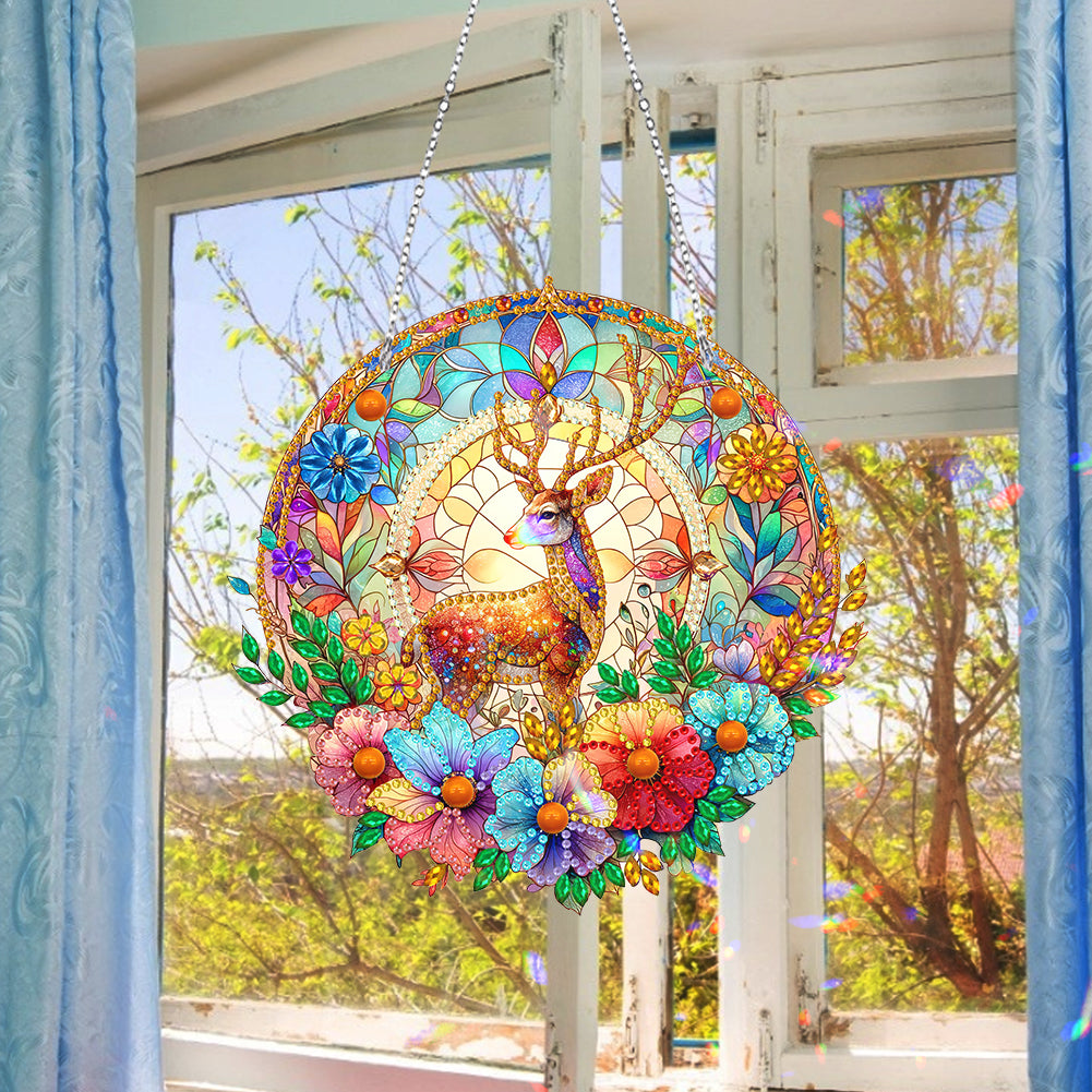 Sun Catcher 5D DIY Diamond Painting Dots Pendant for Office Decor (Flower Moose)