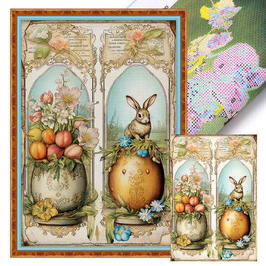 Retro Poster-Easter Eggs Flowers Rabbit - 11CT Stamped Cross Stitch 40*60CM