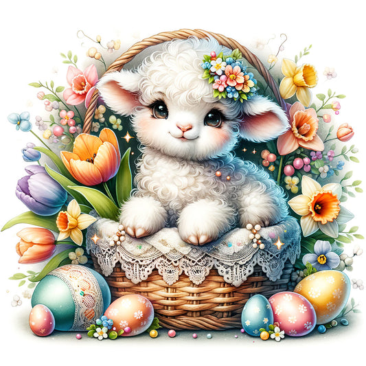 Easter Eggs And Lamb In Flower Basket - Full Round Drill Diamond Painting 30*30CM