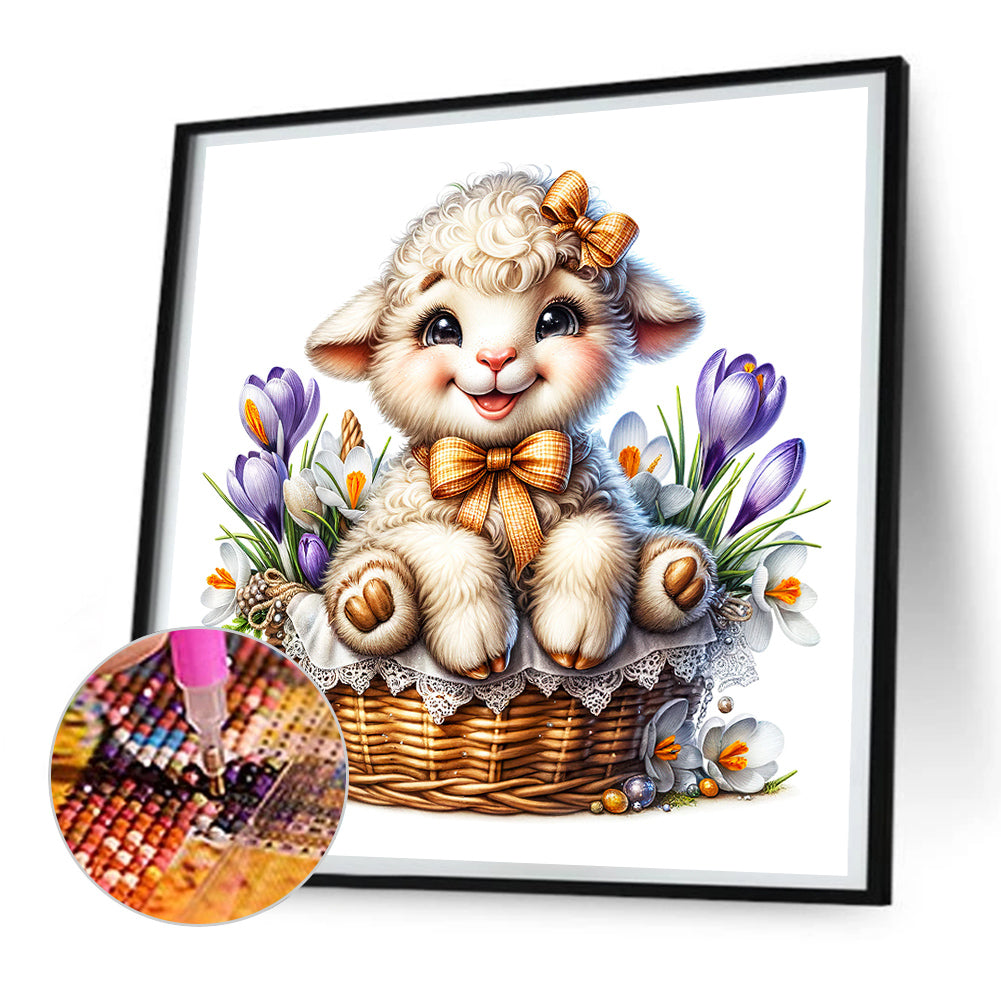 Lamb In Flower Basket - Full Round Drill Diamond Painting 30*30CM