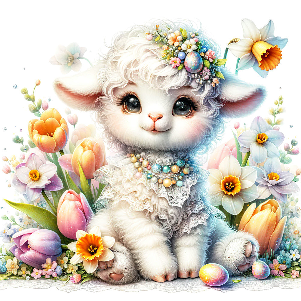 Little Lamb Among Flowers - Full Round Drill Diamond Painting 30*30CM