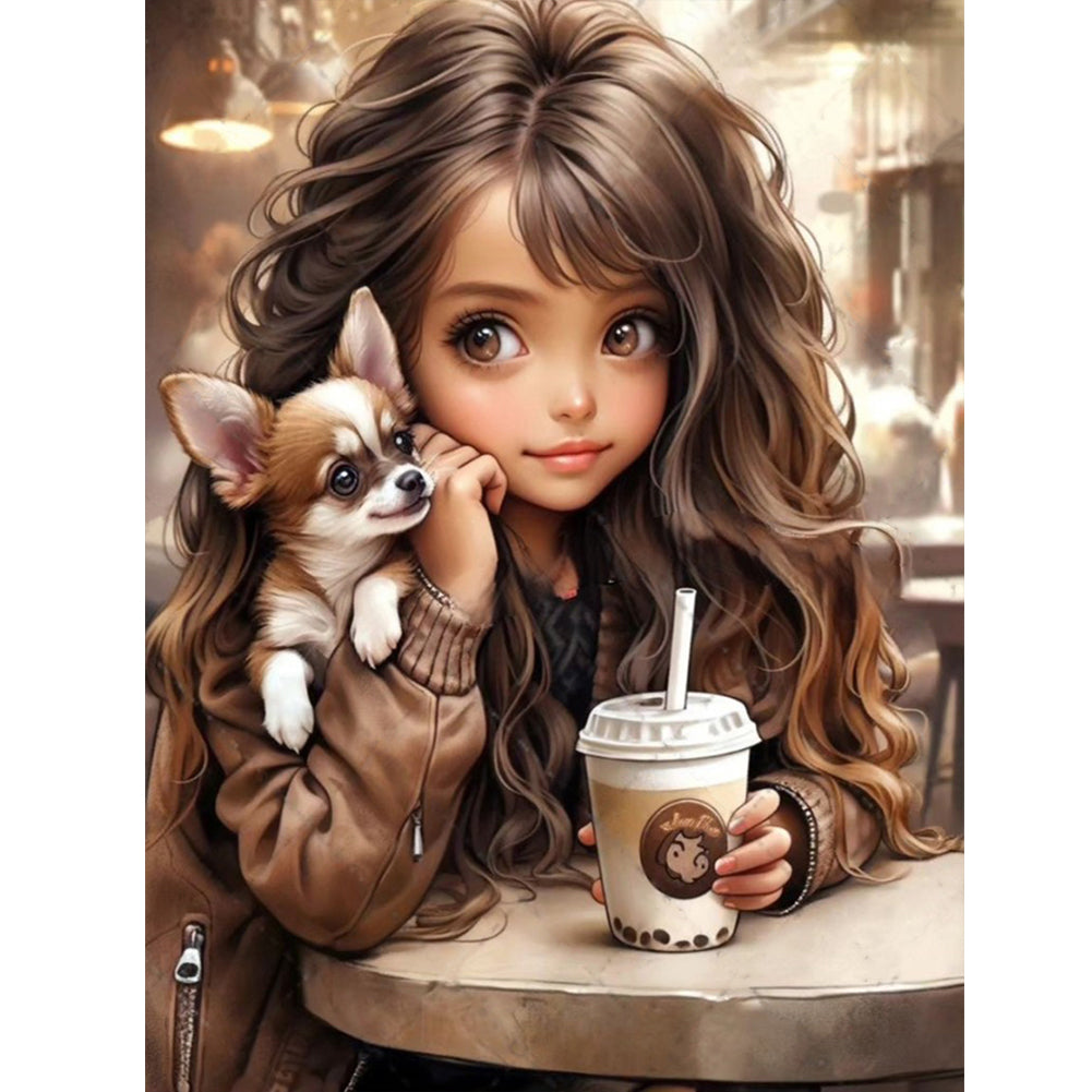 Little Girl Drinking Milk Tea - Full Round Drill Diamond Painting 30*40CM