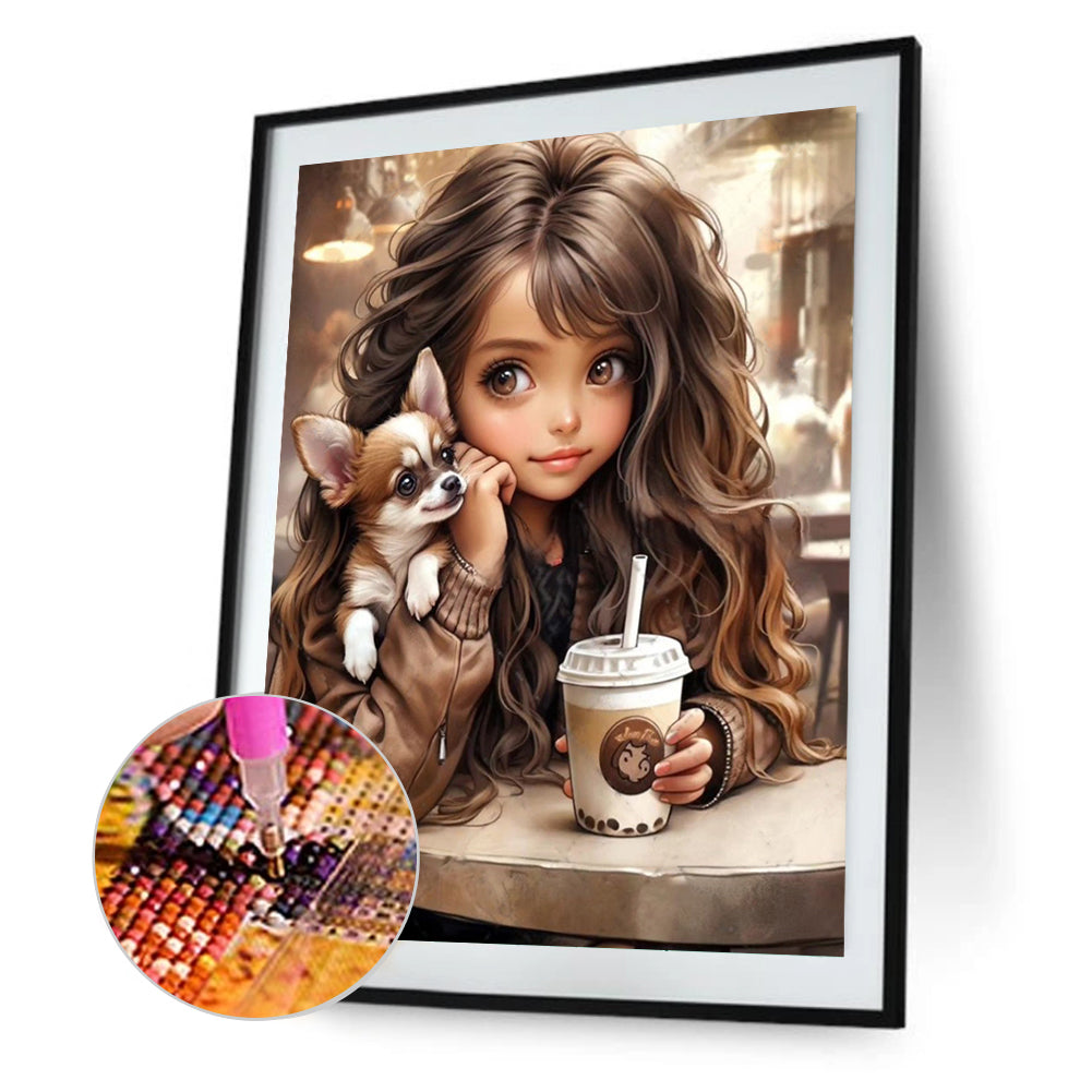 Little Girl Drinking Milk Tea - Full Round Drill Diamond Painting 30*40CM