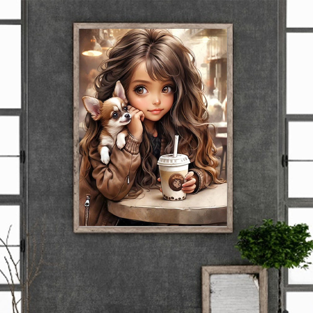 Little Girl Drinking Milk Tea - Full Round Drill Diamond Painting 30*40CM