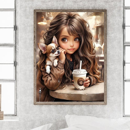 Little Girl Drinking Milk Tea - Full Round Drill Diamond Painting 30*40CM