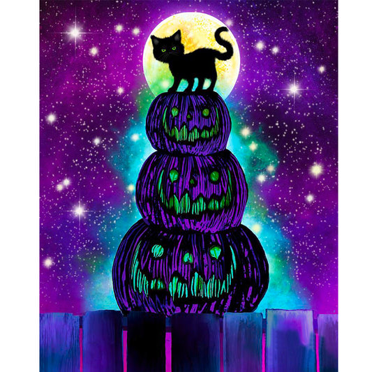 Pumpkin Lantern And Black Cat - Full Round Drill Diamond Painting 40*50CM