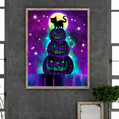 Pumpkin Lantern And Black Cat - Full Round Drill Diamond Painting 40*50CM