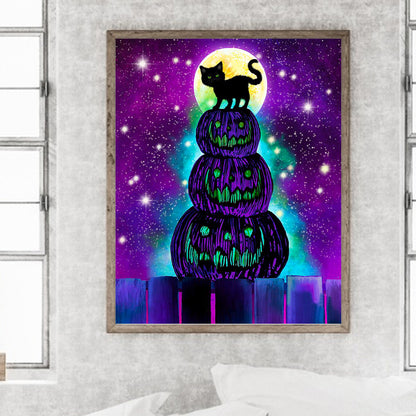 Pumpkin Lantern And Black Cat - Full Round Drill Diamond Painting 40*50CM