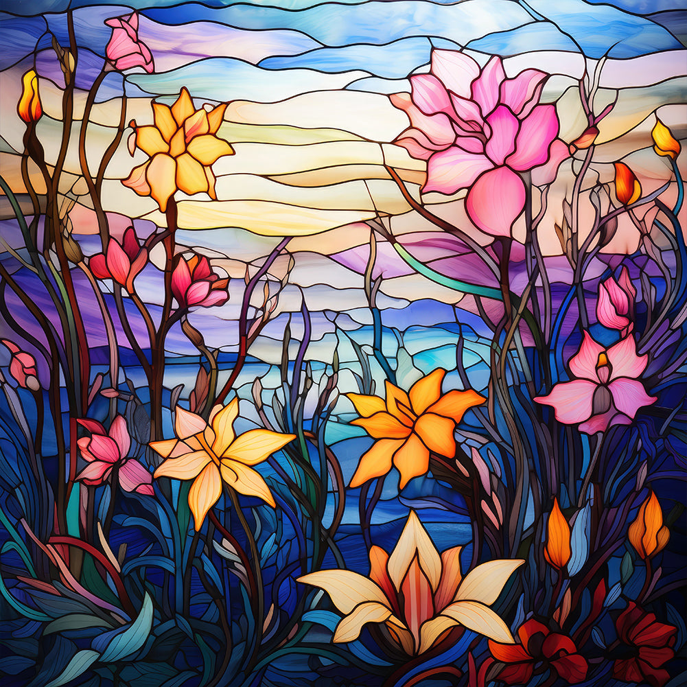 Glass Painting Colorful Flowers - Full Round Drill Diamond Painting 30*30CM