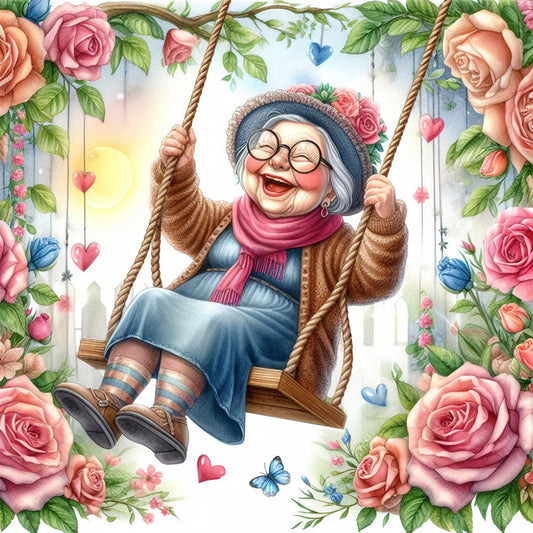 Happy Old Lady On Swing - Full Round Drill Diamond Painting 30*30CM