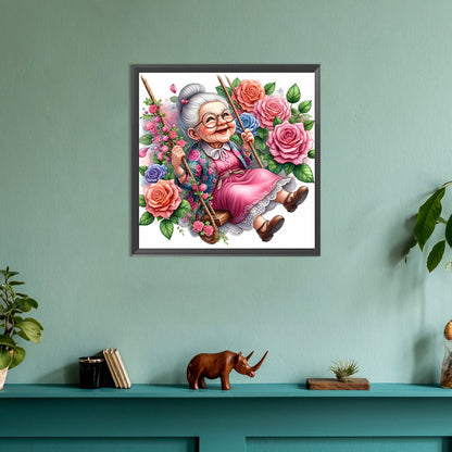 Happy Old Lady On Swing - Full Round Drill Diamond Painting 30*30CM