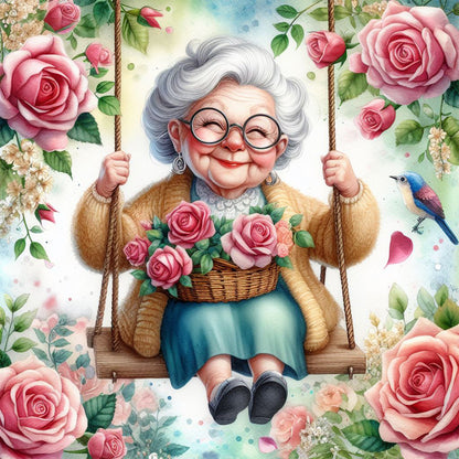 Happy Old Lady On Swing - Full Round Drill Diamond Painting 30*30CM