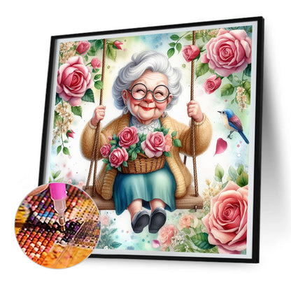 Happy Old Lady On Swing - Full Round Drill Diamond Painting 30*30CM