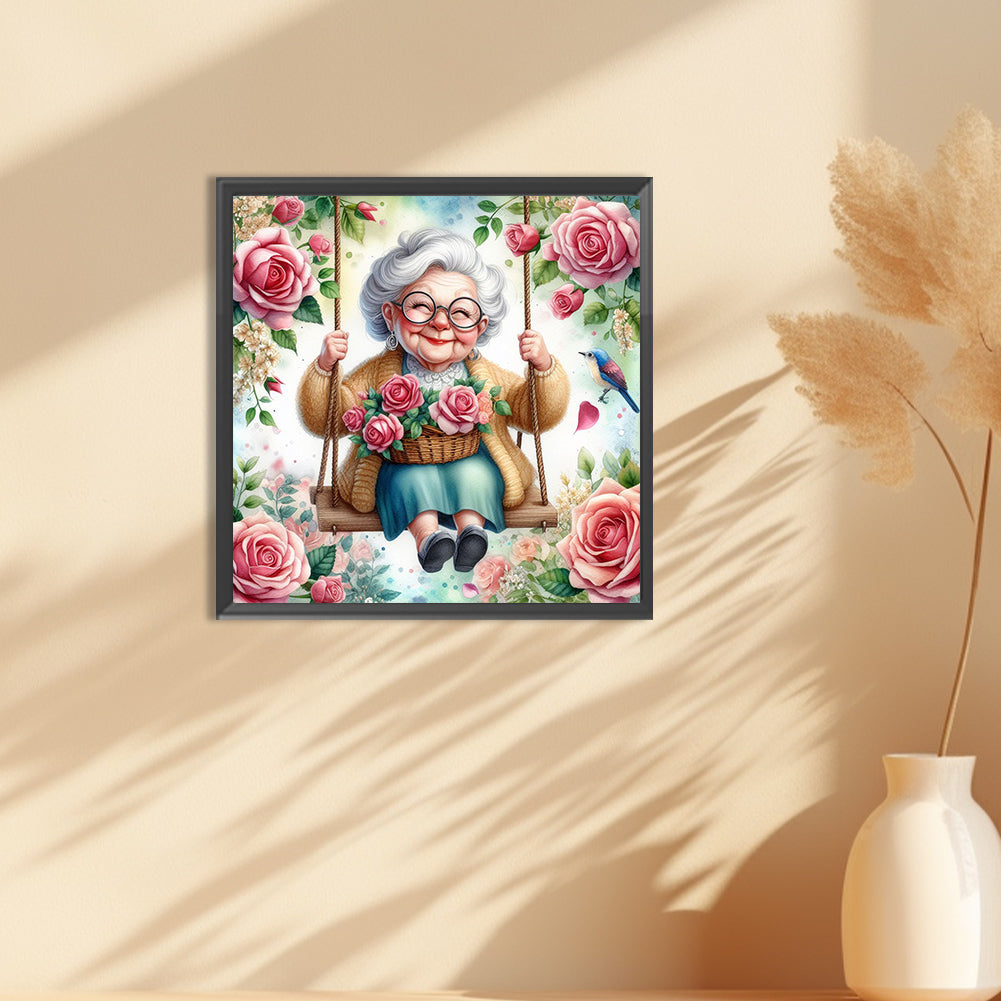 Happy Old Lady On Swing - Full Round Drill Diamond Painting 30*30CM