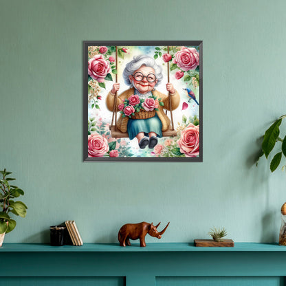 Happy Old Lady On Swing - Full Round Drill Diamond Painting 30*30CM