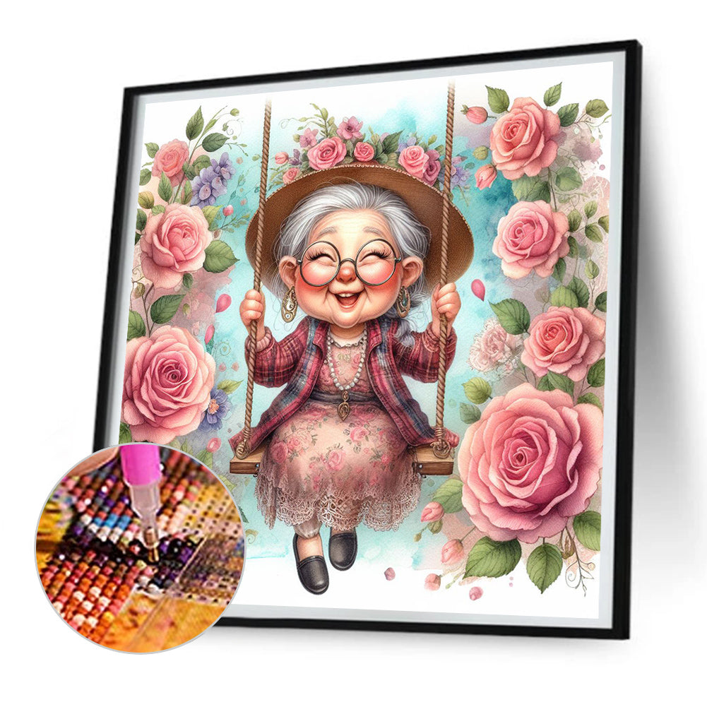 Happy Old Lady On Swing - Full Round Drill Diamond Painting 30*30CM