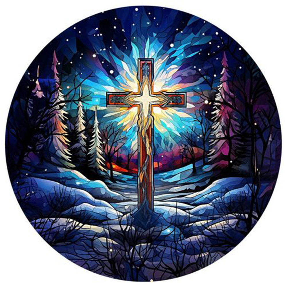 Glass Painting Cross Aurora Landscape - Full Round Drill Diamond Painting 30*30CM