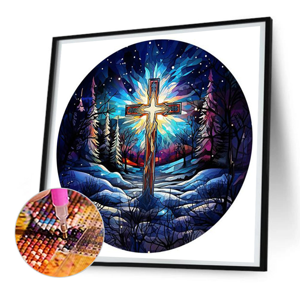 Glass Painting Cross Aurora Landscape - Full Round Drill Diamond Painting 30*30CM