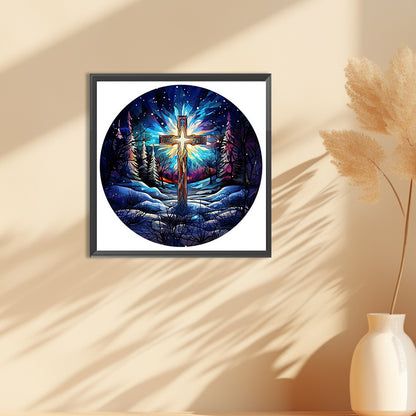 Glass Painting Cross Aurora Landscape - Full Round Drill Diamond Painting 30*30CM