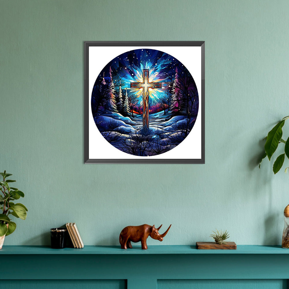 Glass Painting Cross Aurora Landscape - Full Round Drill Diamond Painting 30*30CM