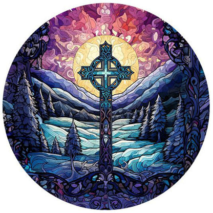 Glass Painting Cross Snow Landscape - Full Round Drill Diamond Painting 30*30CM