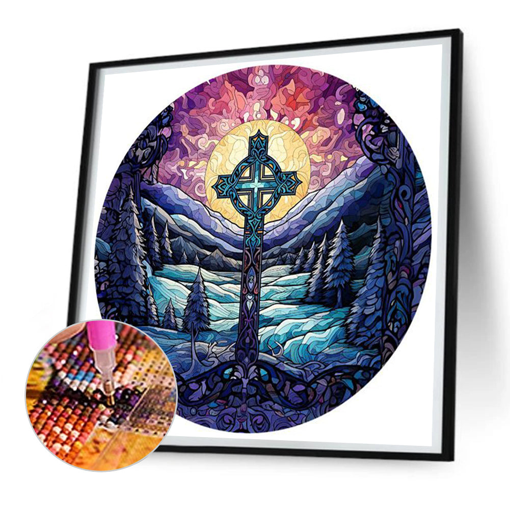 Glass Painting Cross Snow Landscape - Full Round Drill Diamond Painting 30*30CM