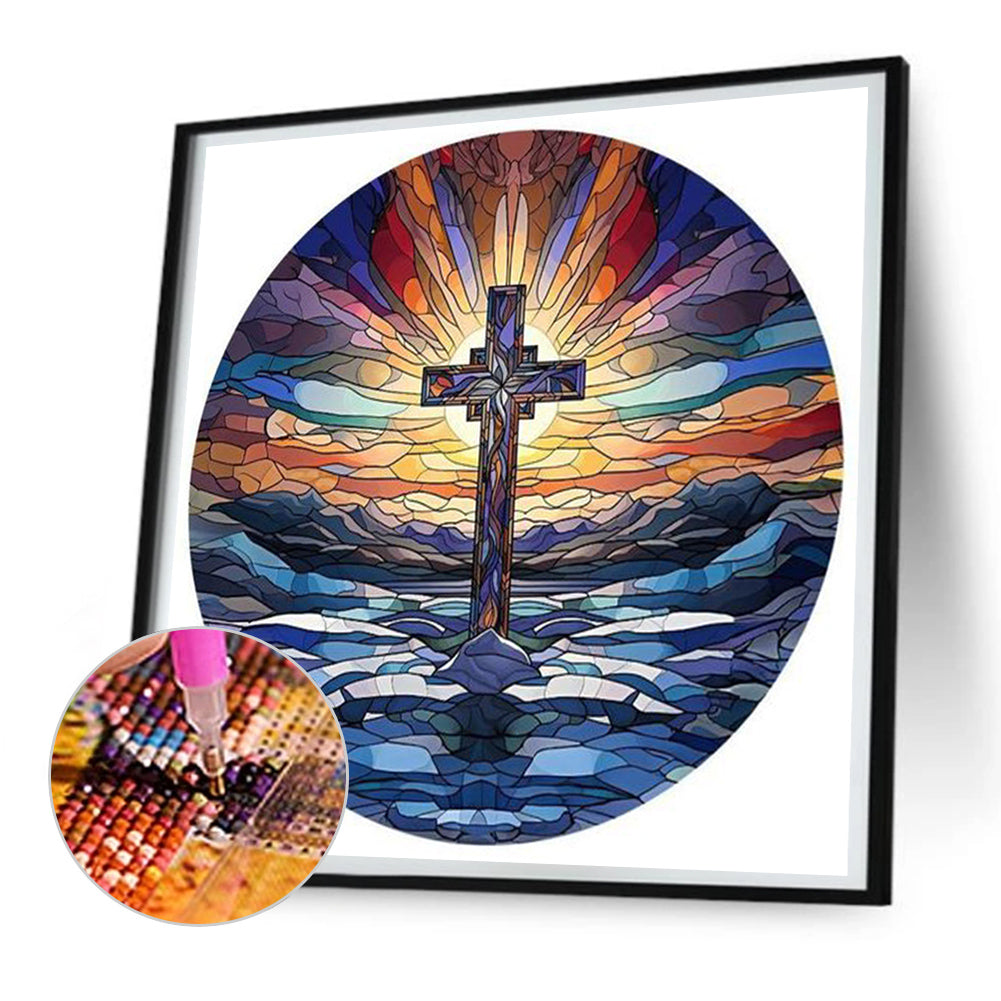 Glass Painting Cross Sunrise Landscape - Full Round Drill Diamond Painting 30*30CM