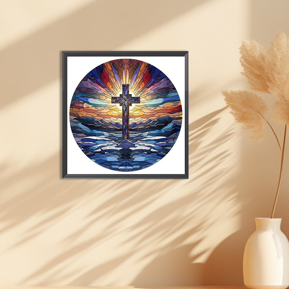 Glass Painting Cross Sunrise Landscape - Full Round Drill Diamond Painting 30*30CM