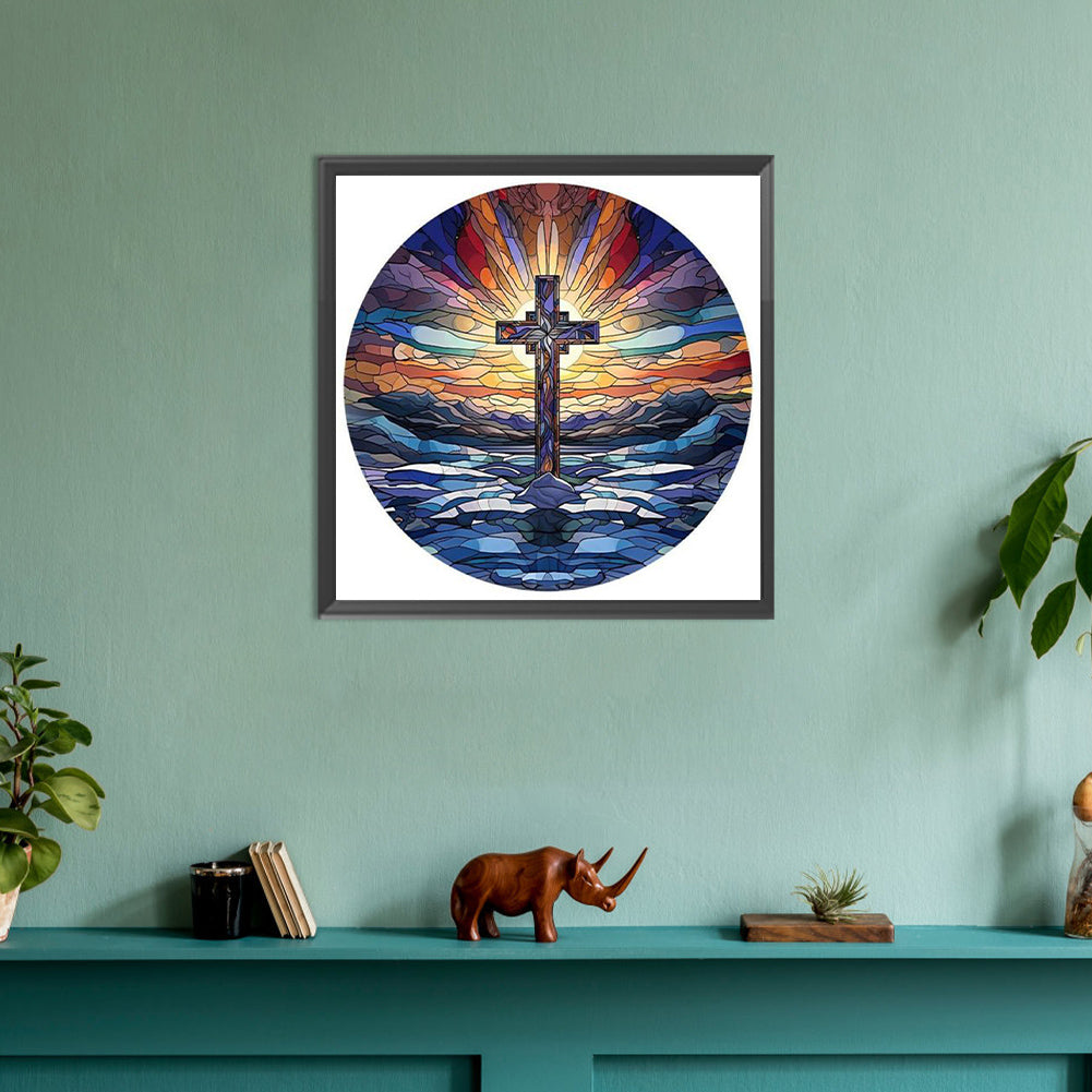 Glass Painting Cross Sunrise Landscape - Full Round Drill Diamond Painting 30*30CM