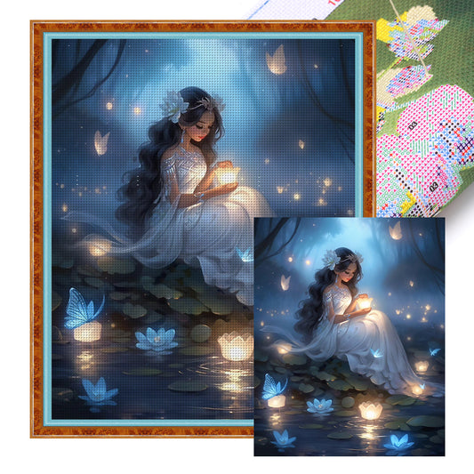 Girl Putting Lantern By Lake - 11CT Stamped Cross Stitch 50*60CM