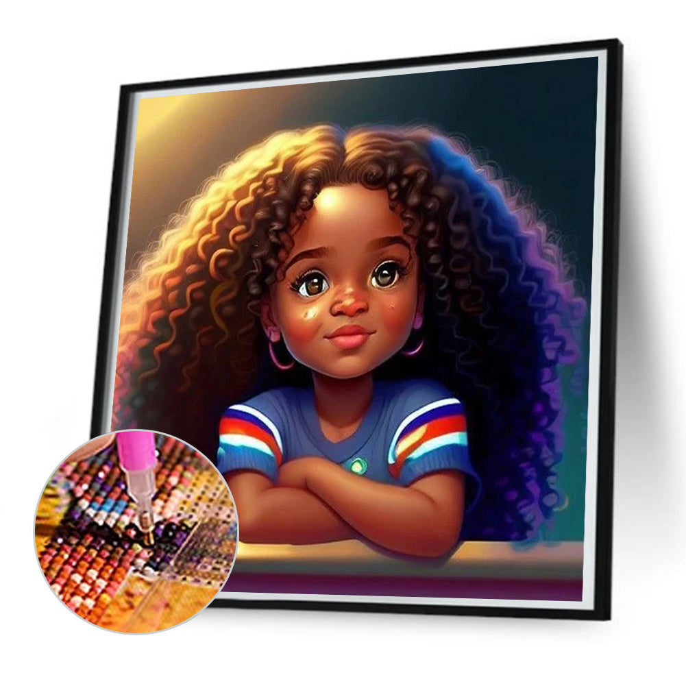 Casual Short Sleeve Curly Hair Girls - Full Round Drill Diamond Painting 50*50CM