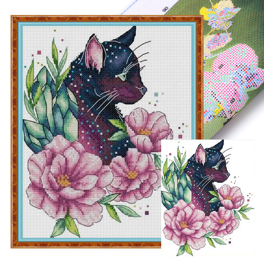 Chocolate Cat Among Flowers - 14CT Stamped Cross Stitch 21*27CM(Joy Sunday)