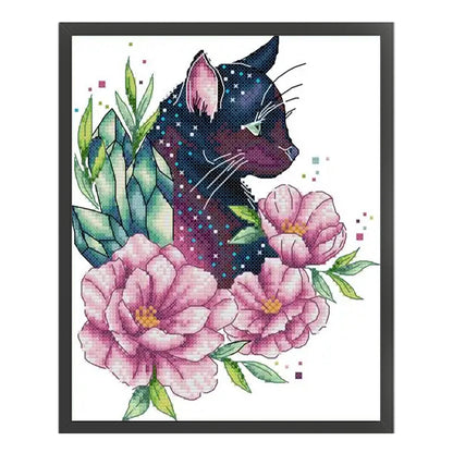 Chocolate Cat Among Flowers - 14CT Stamped Cross Stitch 21*27CM(Joy Sunday)
