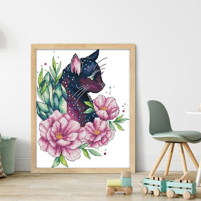 Chocolate Cat Among Flowers - 14CT Stamped Cross Stitch 21*27CM(Joy Sunday)