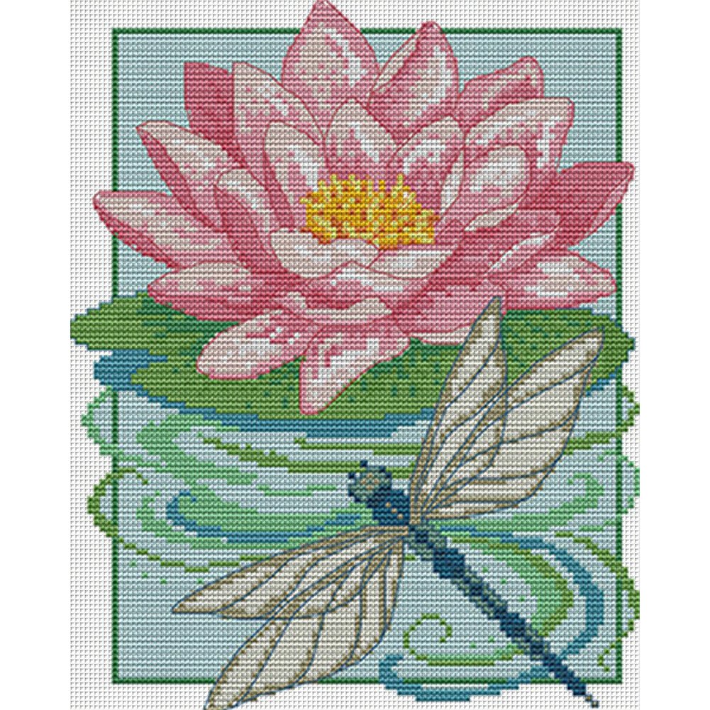 Dragonfly And Lotus - 14CT Stamped Cross Stitch 22*29CM(Joy Sunday)
