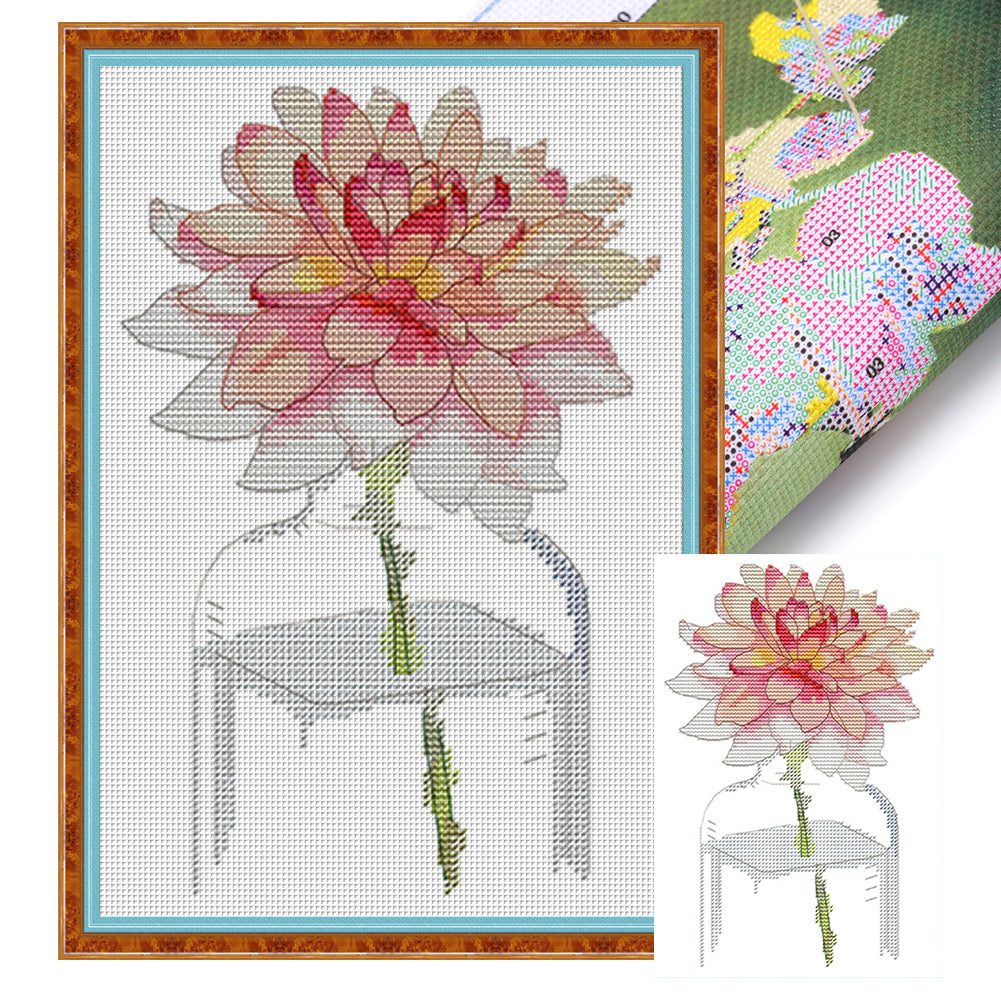 Pink Lotus In Bottle - 14CT Stamped Cross Stitch 19*28CM(Joy Sunday)