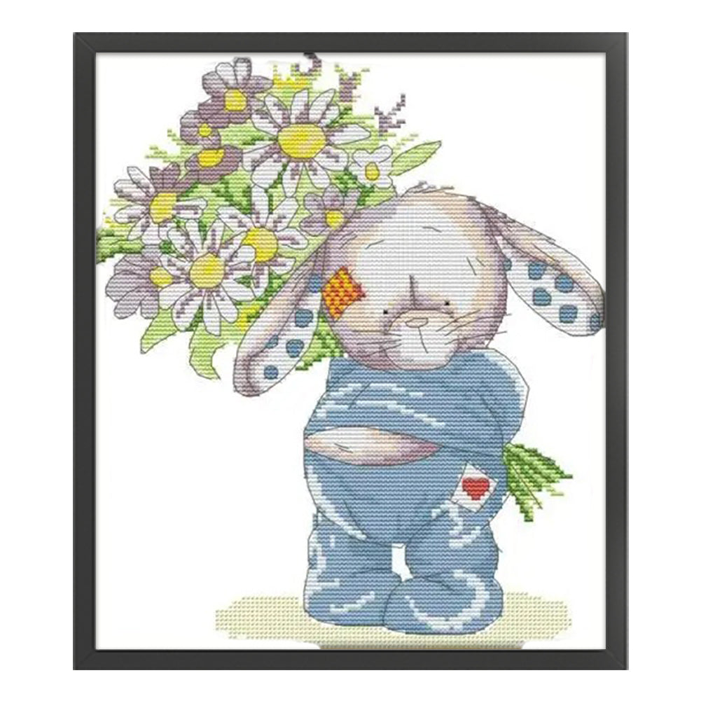 Rabbit Presents Flowers(1) - 14CT Stamped Cross Stitch 28*32CM(Joy Sunday)
