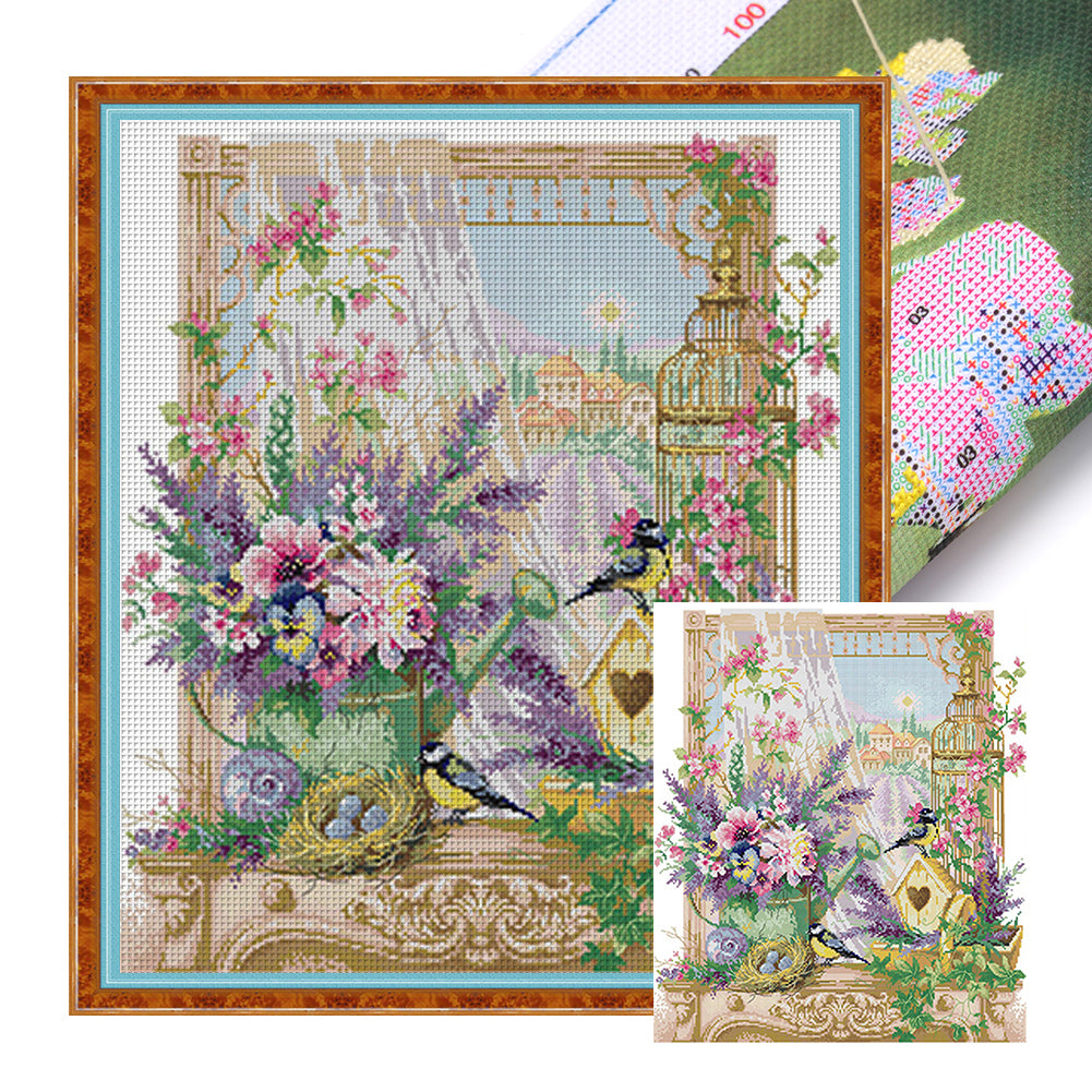 Window Sill Covered With Flowers - 14CT Stamped Cross Stitch 48*54CM(Joy Sunday)