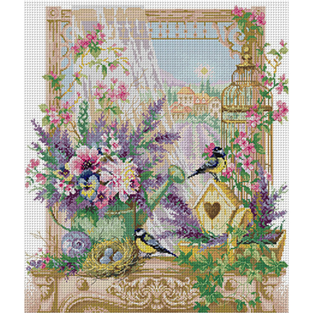 Window Sill Covered With Flowers - 14CT Stamped Cross Stitch 48*54CM(Joy Sunday)