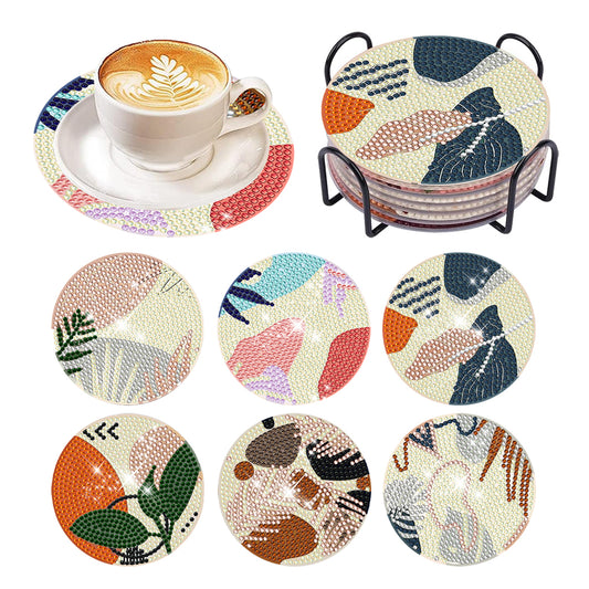 6 Pcs Diamond Art Coasters Diamond Art Painting Coasters Kit with Holder (Leaf)