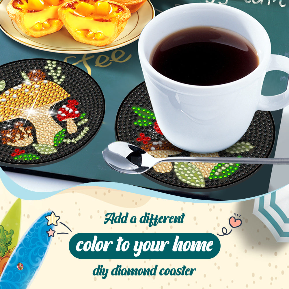 6Pcs Diamond Art Coaster Diamond Art Painting Coaster Kit with Holder (Mushroom)
