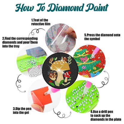 6Pcs Diamond Art Coaster Diamond Art Painting Coaster Kit with Holder (Mushroom)