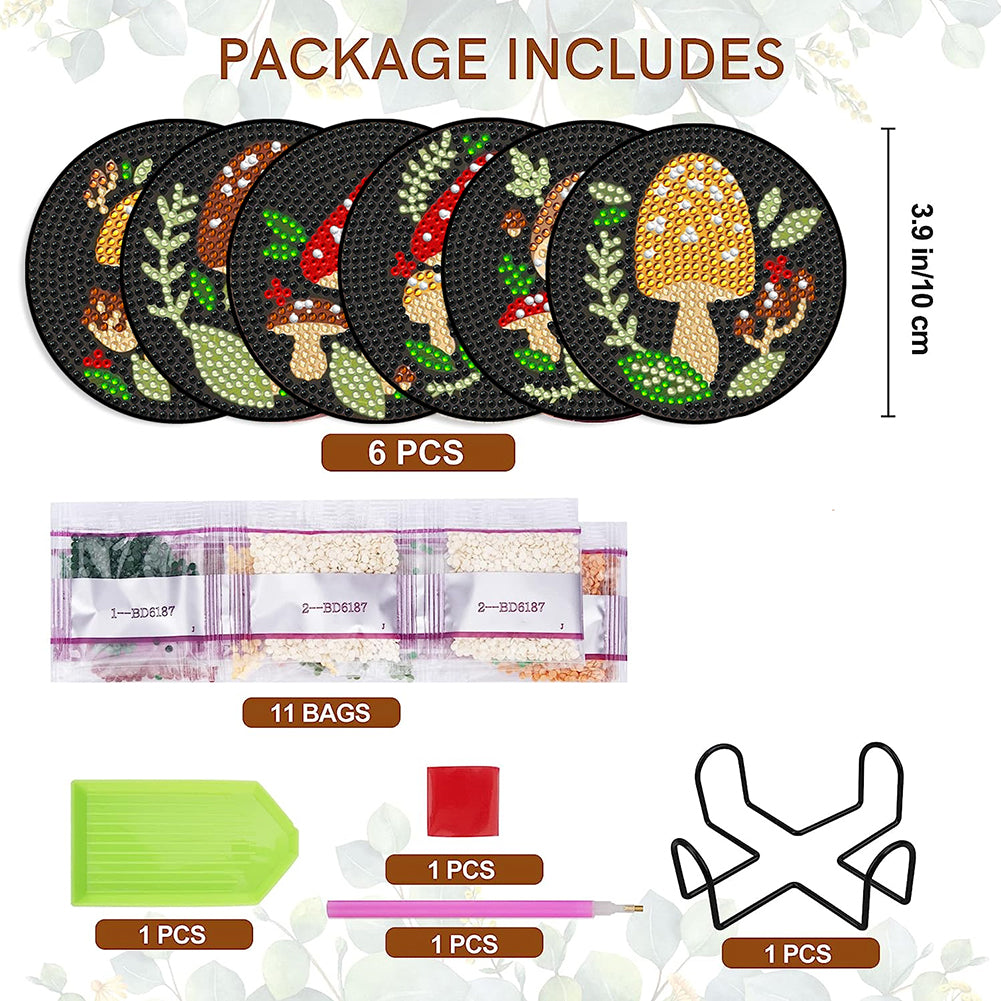 6Pcs Diamond Art Coaster Diamond Art Painting Coaster Kit with Holder (Mushroom)