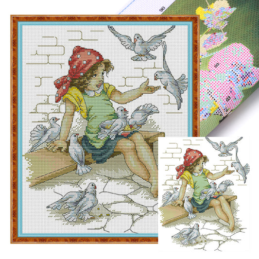 Girl And Pigeon - 14CT Stamped Cross Stitch 28*33CM(Joy Sunday)
